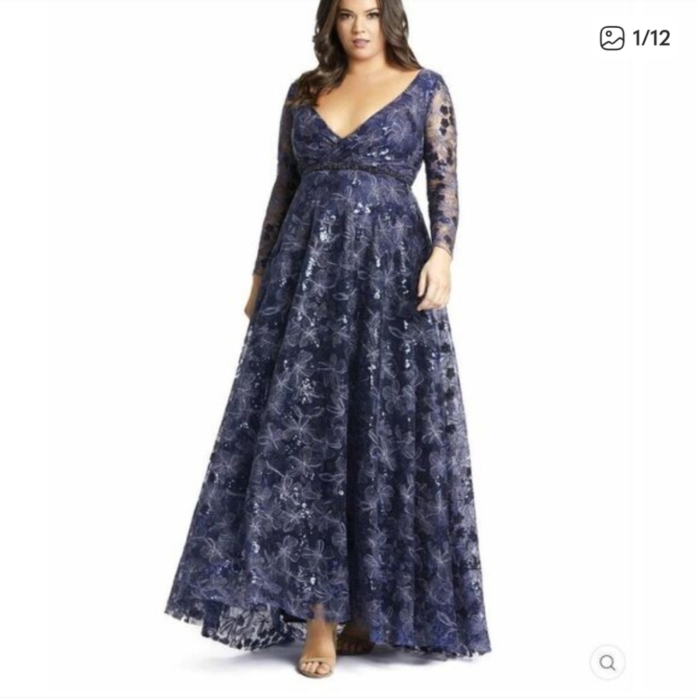 Size 24W navy blue long sleeve evening gown w/ silver metallic flowers Mac Dugga - Picture 8 of 17